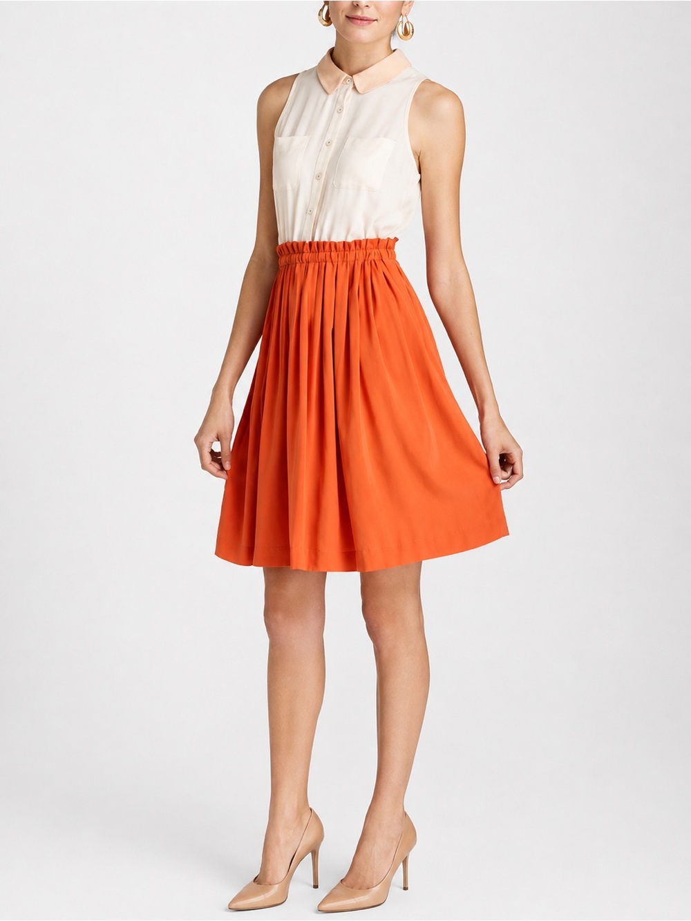 Anthropologie Postmark Ivory Orange Colorblocked Sleeveless Shirt Dress 8